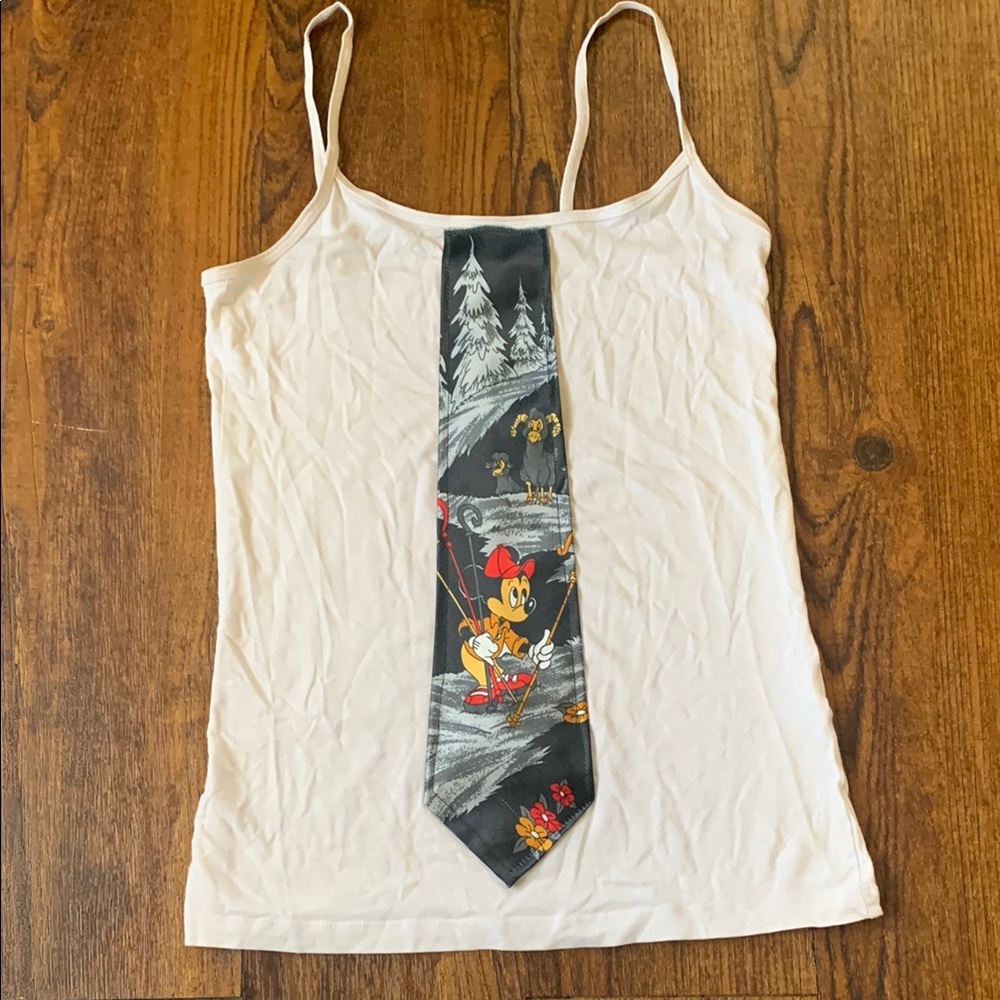 Upcycled White Tank Top with Mickey Mouse Tie Patchwork